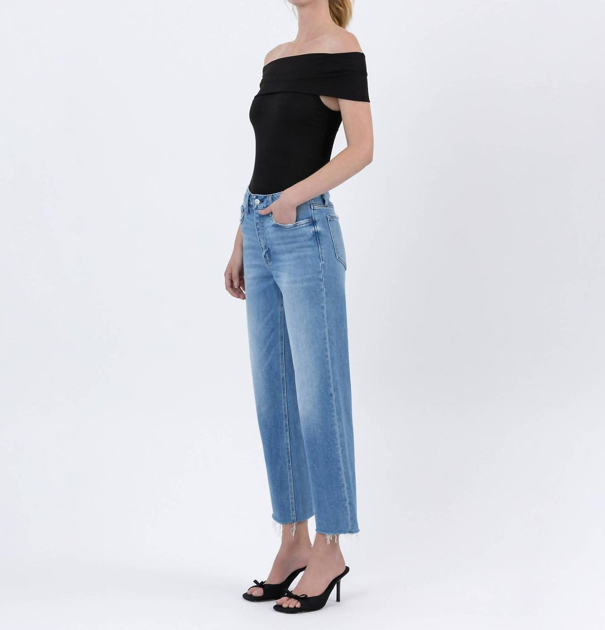 Flying Monkey - Lainey High Rise Raw Hem Crop Slim Wide Jeans