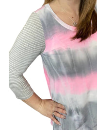 Honeyme - Tie Dye Meets Stripes 3/4 Sleeve Tee