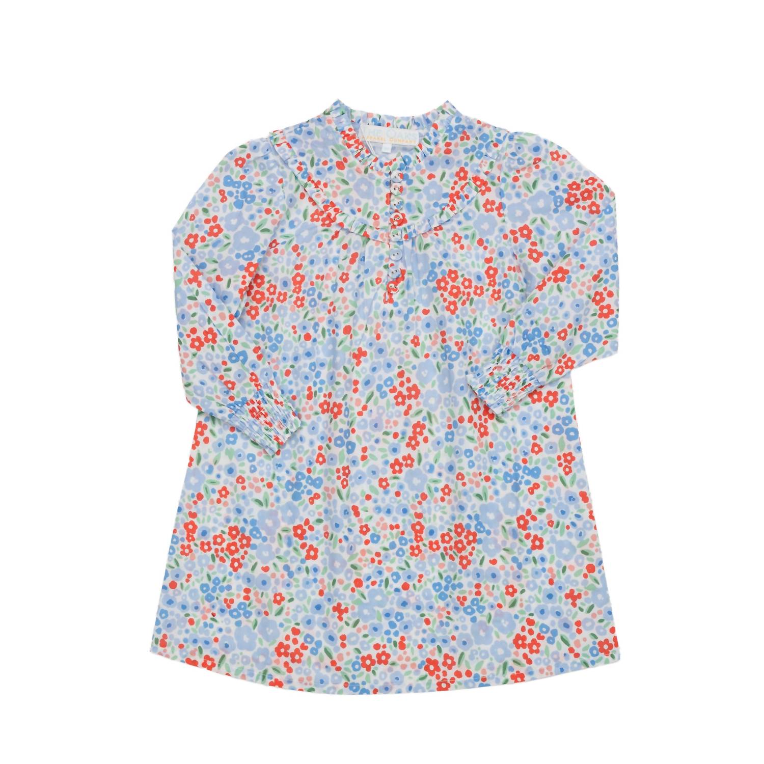 THE OAKS APPAREL Ann Pepper Dress in blue and red floral - kids' dress - detail view