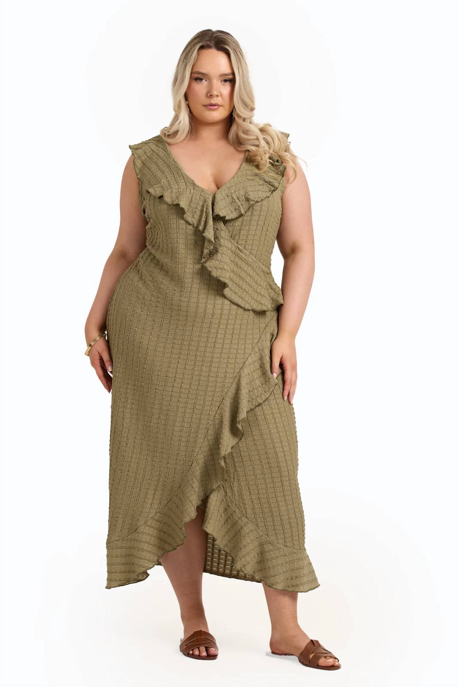 Fashion Szn Curve - Ruffle Wrap Sleeveless Midi Dress - Plus Size