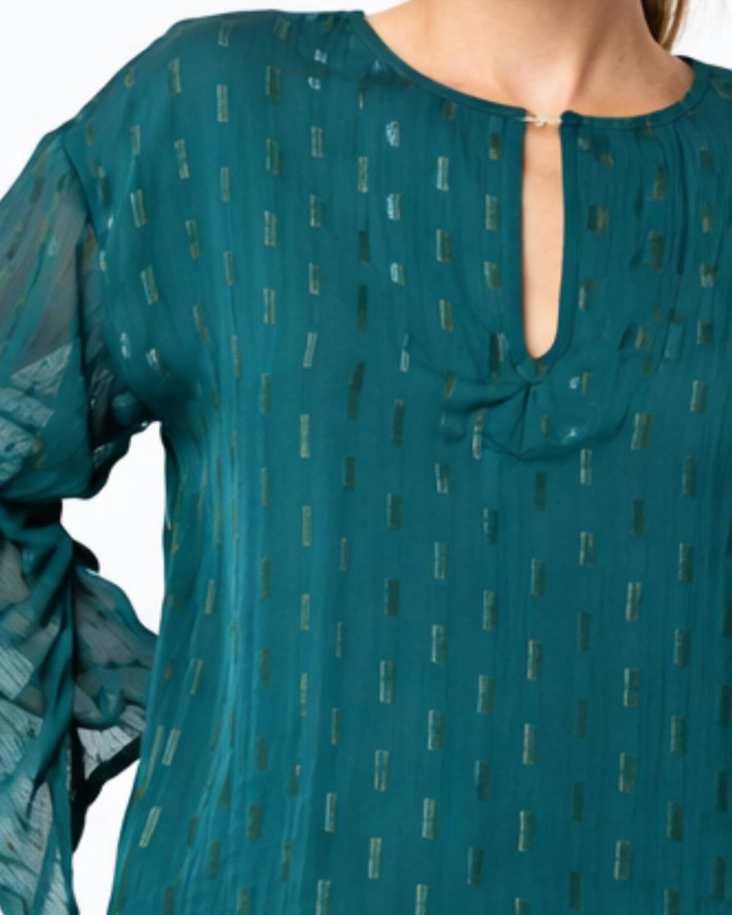 Ciebon - Metallic Shirred Long Sleeve Blouse