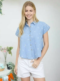Blu Pepper - Embroidered Floral Pattern Button Down Denim Shirt