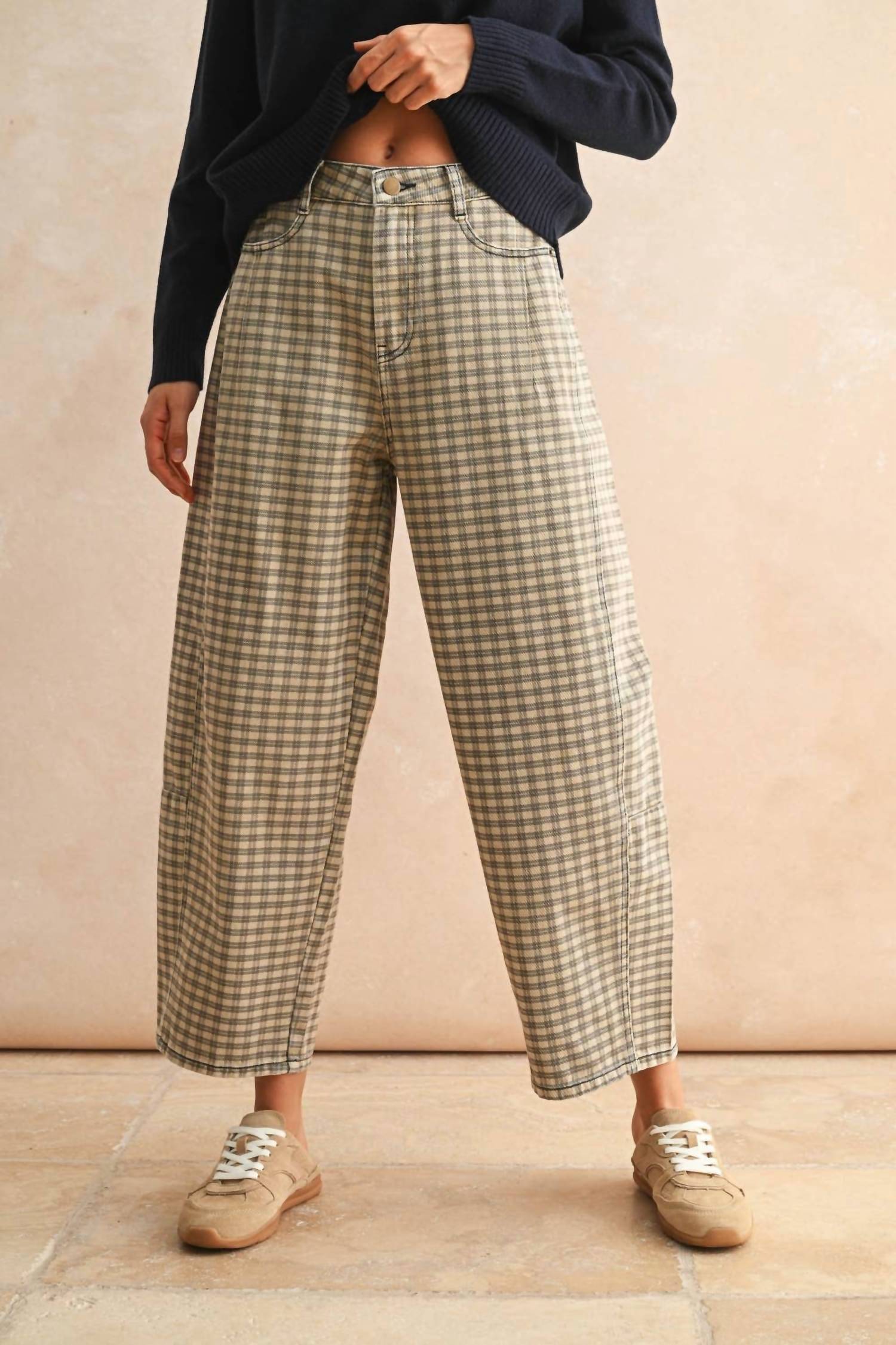 Miou Muse - Mini Checker Pattern Barrel Pants