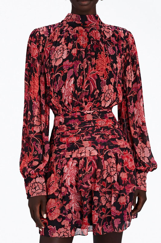 RUCHED FLORAL-PRINT GEORGETTE MINI DRESS