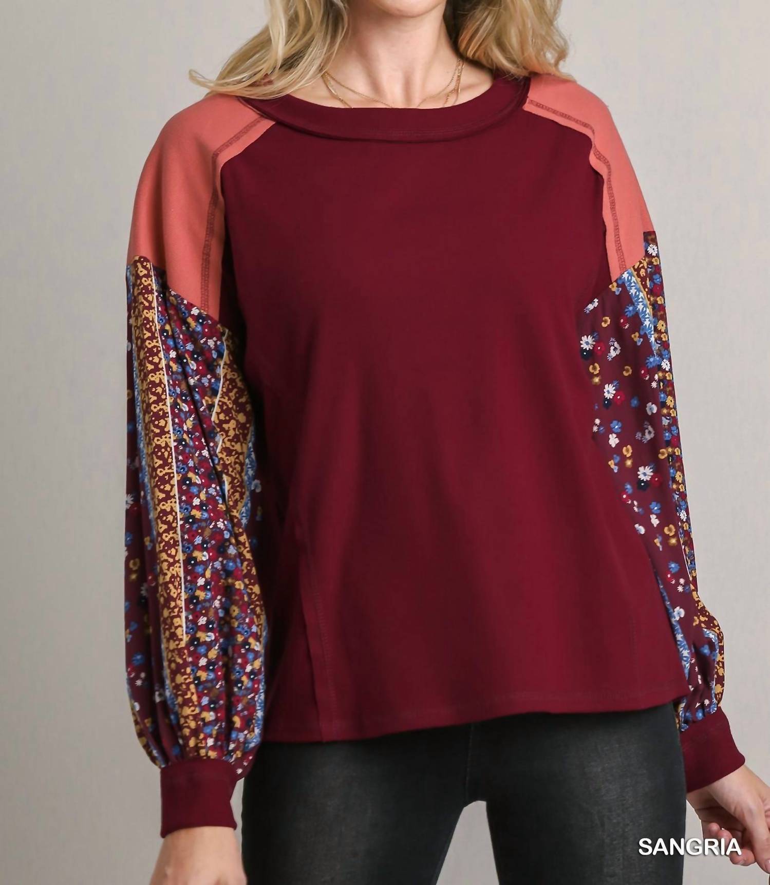 Umgee - Colorblock Contrast Knit With Printed Sleeves Top