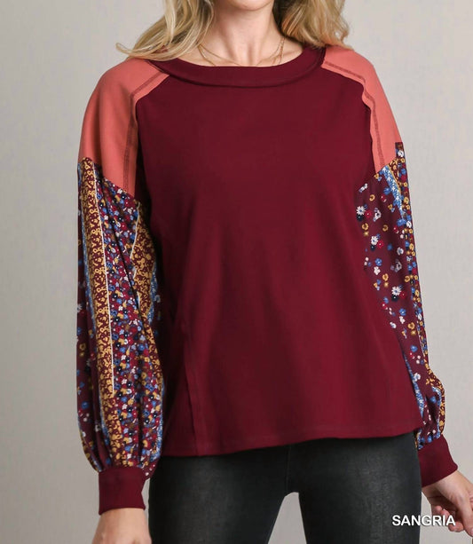 Umgee - Colorblock Contrast Knit With Printed Sleeves Top