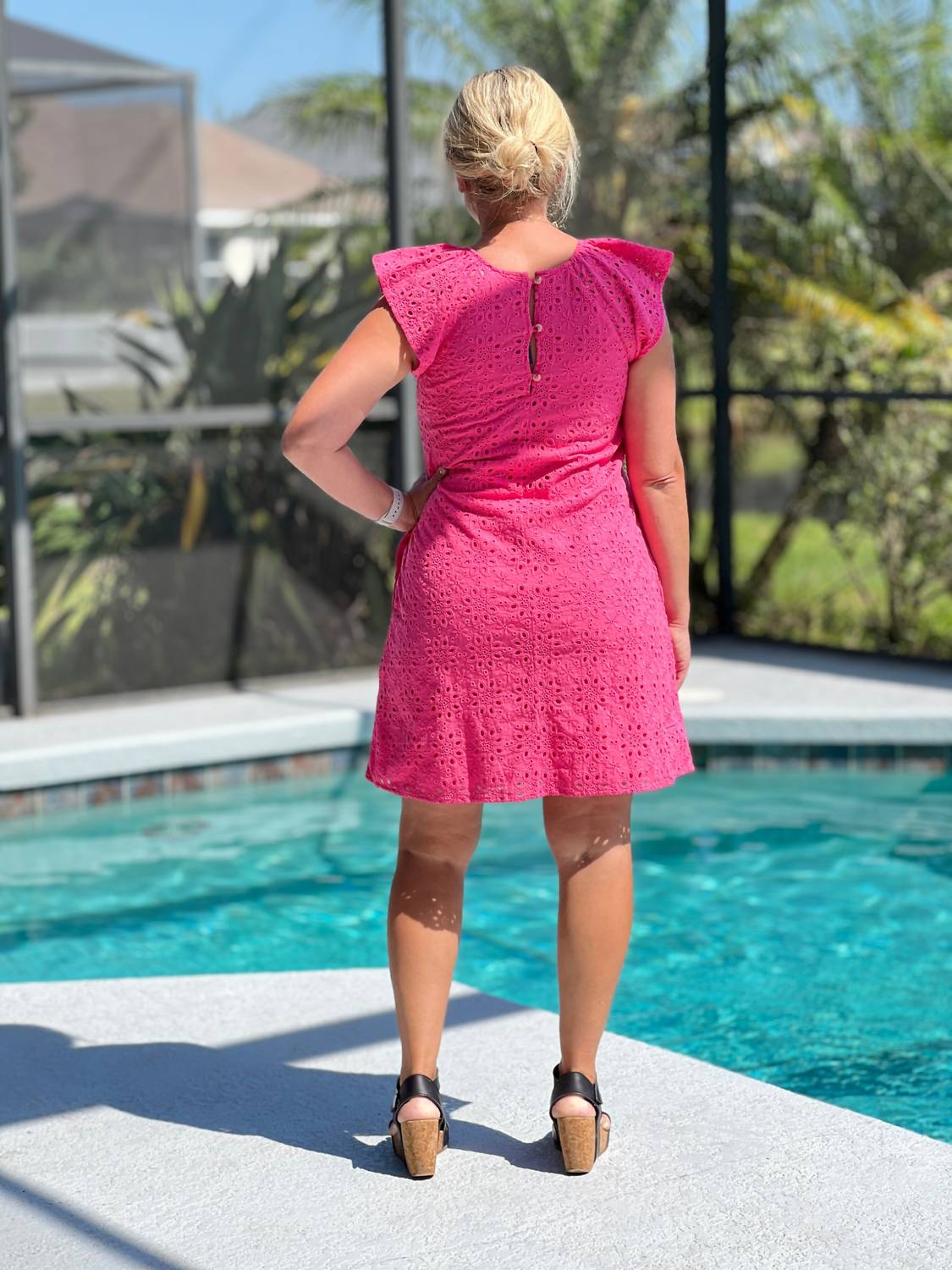 Hatley Kaia Mini Dress in fandango pink eyelet - women's dress - detail view