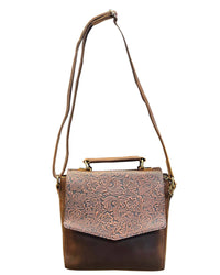 Roma Leathers Women's Vintage Leather Crossbody Handbag With Flower Printing in brown - women's bag - alternate view