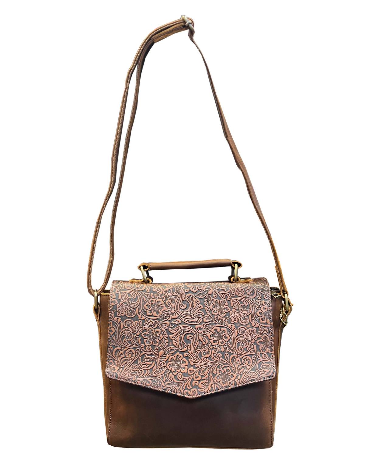 Roma Leathers Women's Vintage Leather Crossbody Handbag With Flower Printing in brown - women's bag - alternate view