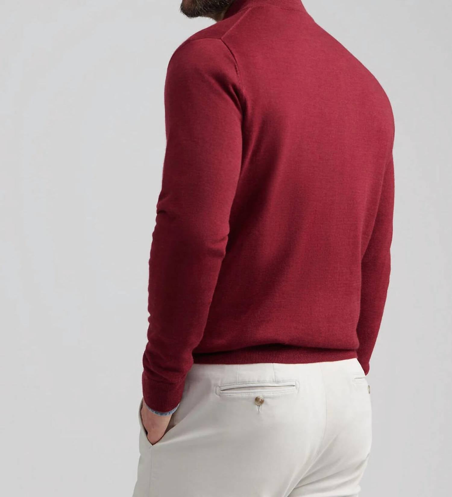 PETER MILLAR Autumn Crest Suede Trim Quarter Zip Sweater in brick red - men's sweater - detail view