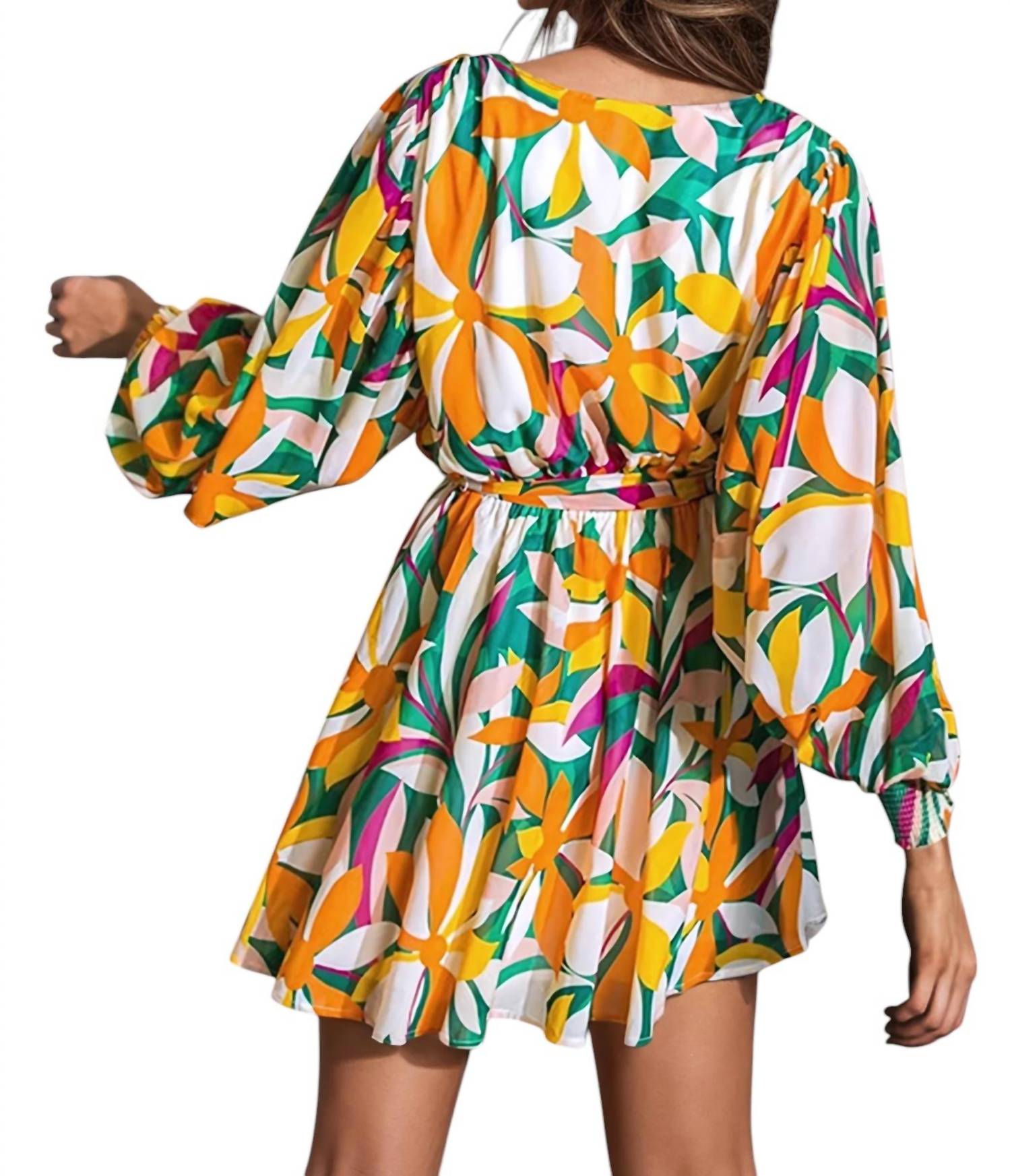 Flying Tomato - Sandra Surplice Long Sleeve Chiffon Mini Dress