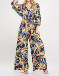Reneec. - Tropical Print V Neck Wide Leg Jumpsuit