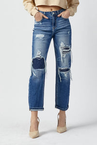 Risen - High Rise Patched Distressing Straight Leg Jeans