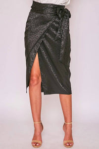 Vine & Love Jacquard Leopard Print Wrap Midi Skirt in black - women's skirt