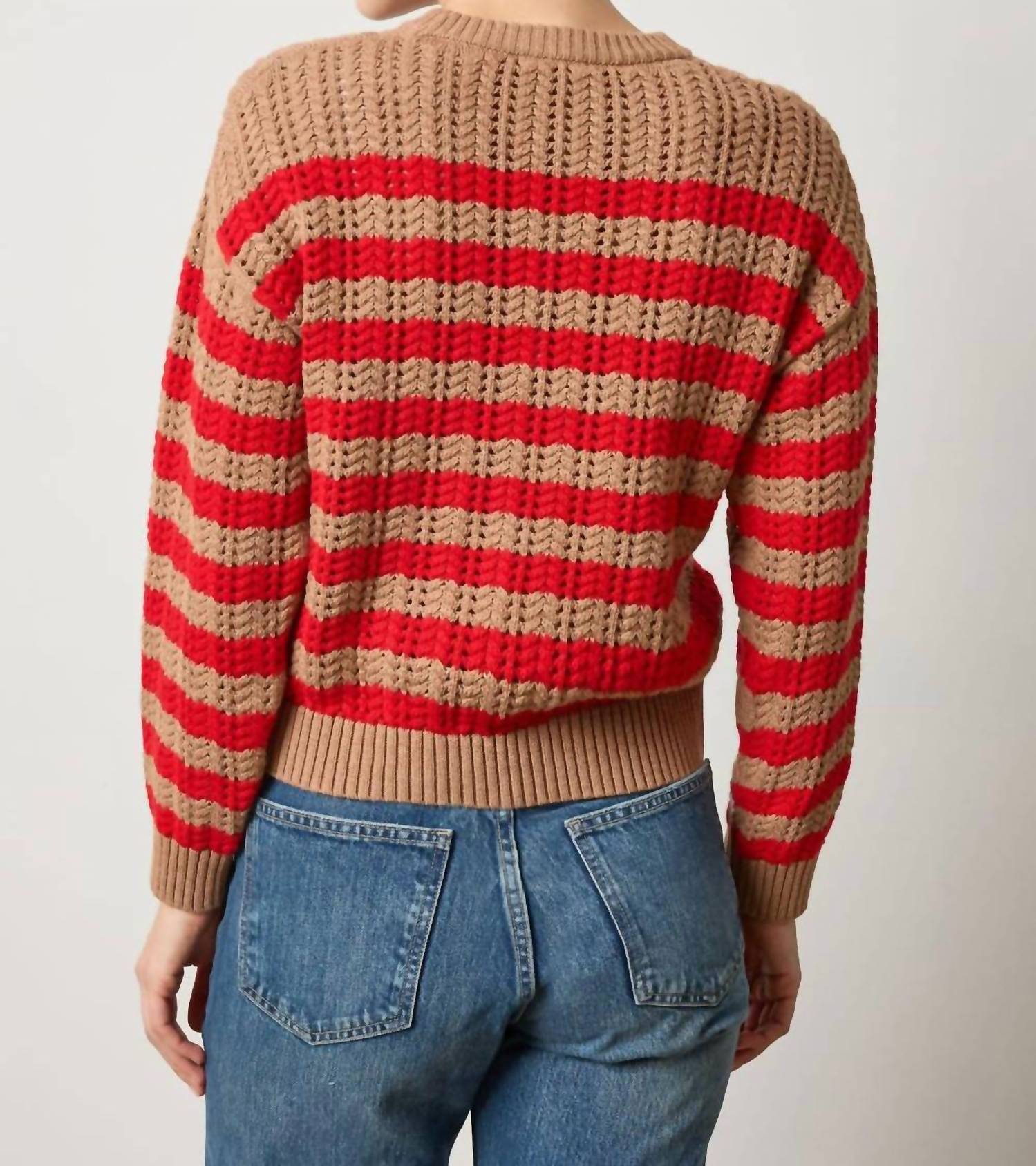 Lilla P Women's Stripe Stitch Sweater in acorn scarlet - women's sweater - alternate view