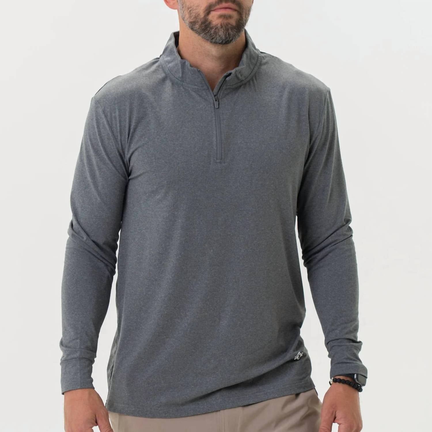 BURLEBO Performance Quarter Zip Sweater in dark heather grey - men's sweater