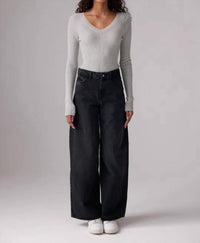 Colorush Jones Skinny Rib Top in fluffy grey - women's long sleeve top - detail view