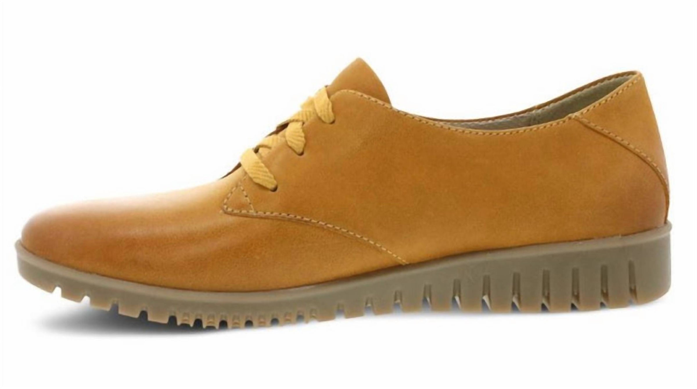 dansko Women's Libbie Burnished Calf Shoe in mustard - women's sneaker - detail view
