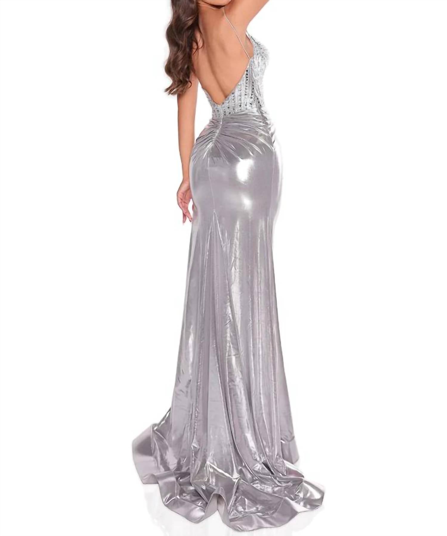 AMARRA Siren Embellished High-slit Gown in silver - women's dress - detail view