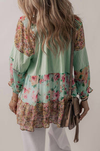 Umorger - Printed Floral Patchwork Frilled Split Neck Blouse