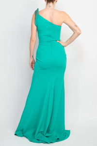 Jovani - Fitted One Shoulder Slit Front Crepe Gown