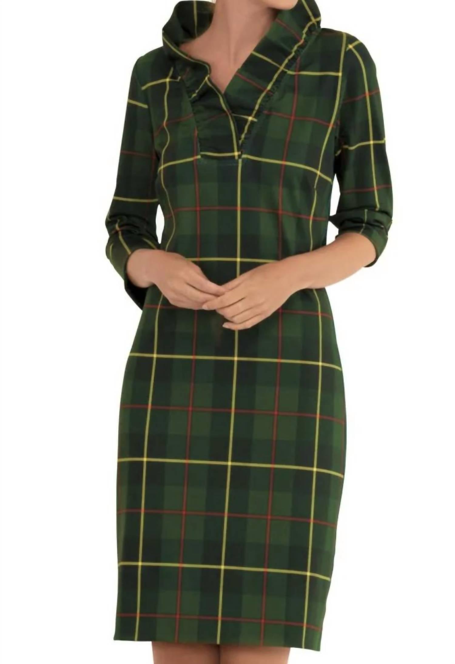 GRETCHEN SCOTT Plaidly Cooper Jersey Ruffneck Dress in green multi - women's dress