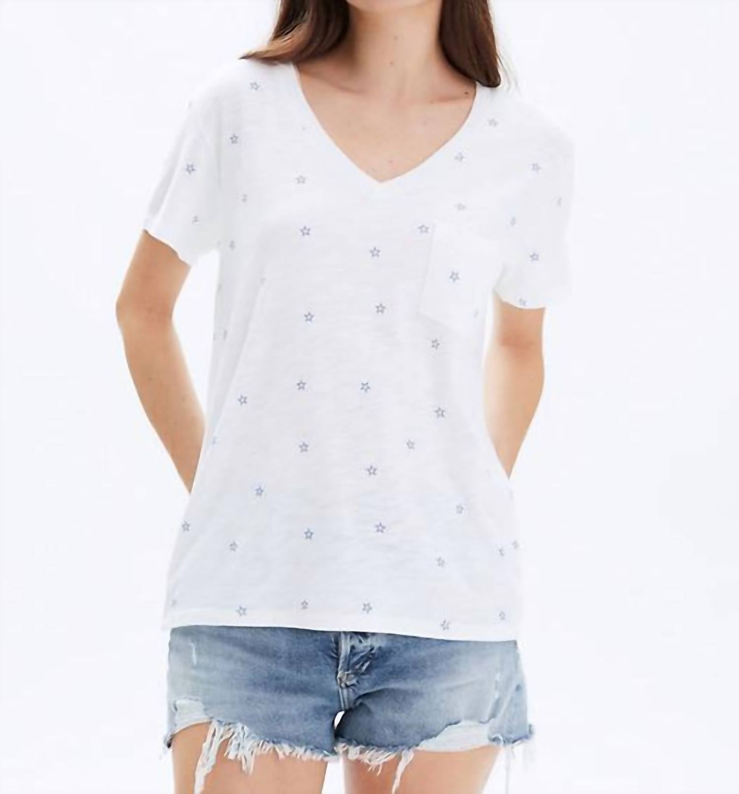 CHRLDR Stars V Neck Top in white blue - women's t-shirt
