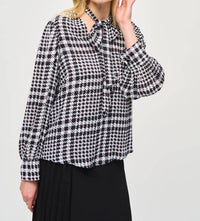 Joseph Ribkoff V Neck Full Sleeve With Neck Tie Blouse in vanilla multi - women's blouse - detail view