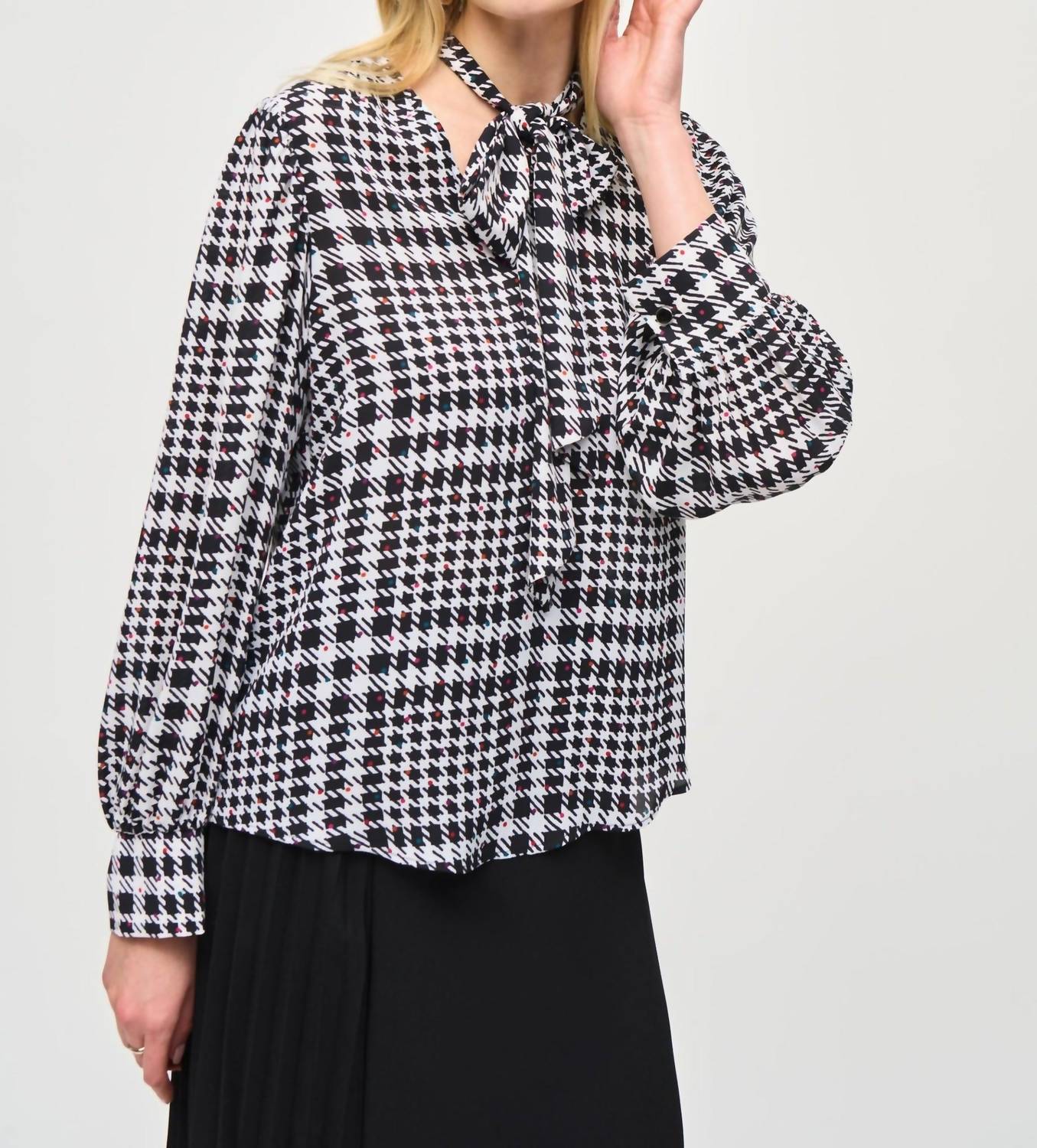 Joseph Ribkoff V Neck Full Sleeve With Neck Tie Blouse in vanilla multi - women's blouse - detail view