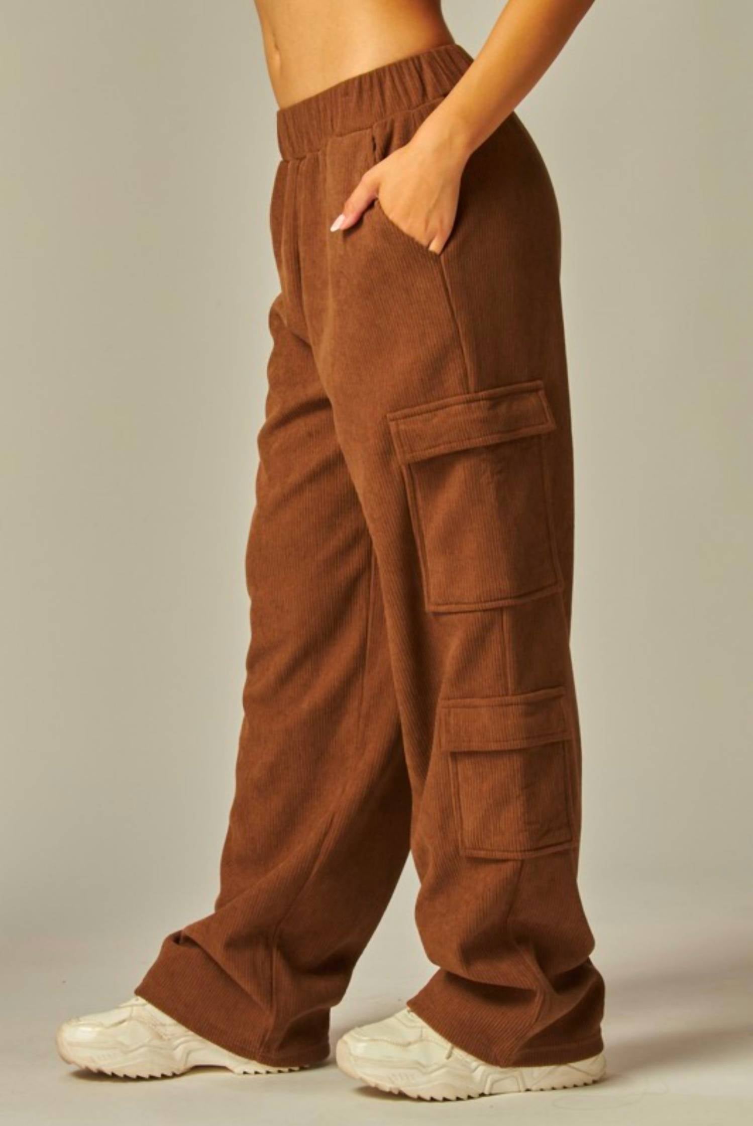 Love Poem Corduroy Fleeced Cargo Pants in mahogany - women's pants - detail view