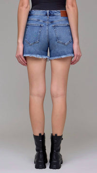 HIDDEN Women's High Rise Frayed Hem Boyfriend Shorts in blue - women's shorts - detail view