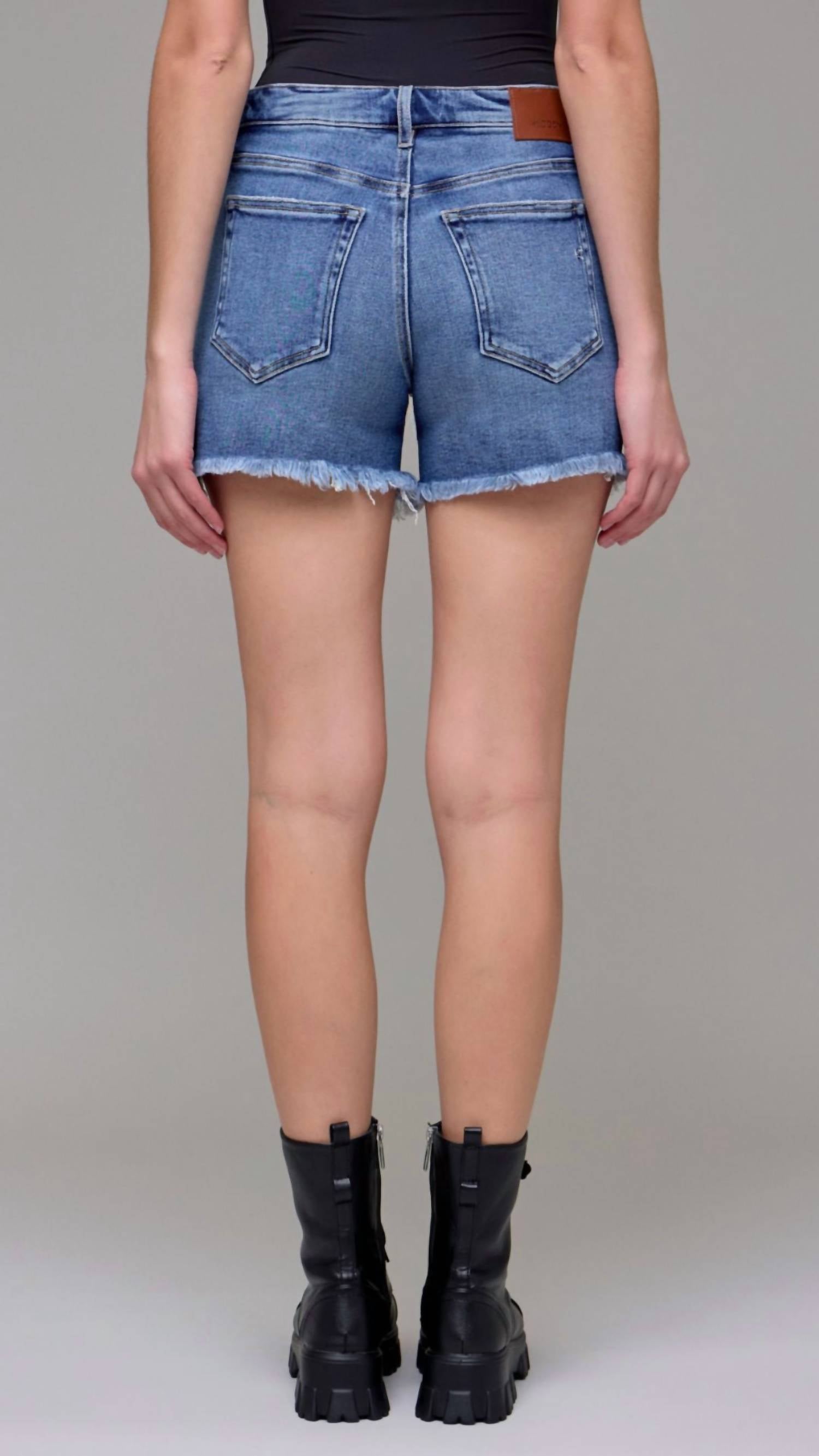HIDDEN Women's High Rise Frayed Hem Boyfriend Shorts in blue - women's shorts - detail view