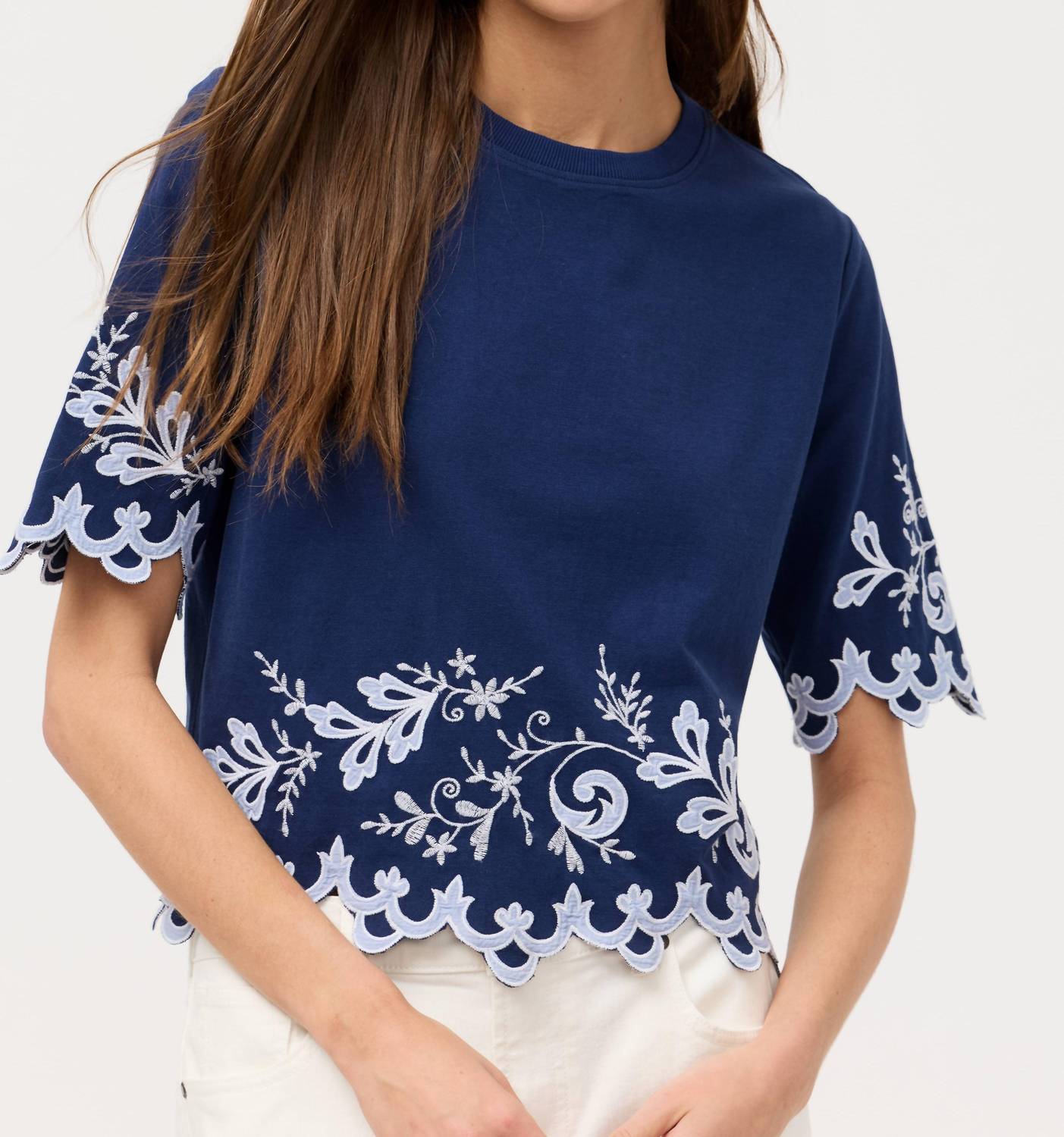 Johnny Was ADDELINE ELBOW SLEEVE TEE in navy - women's t-shirt