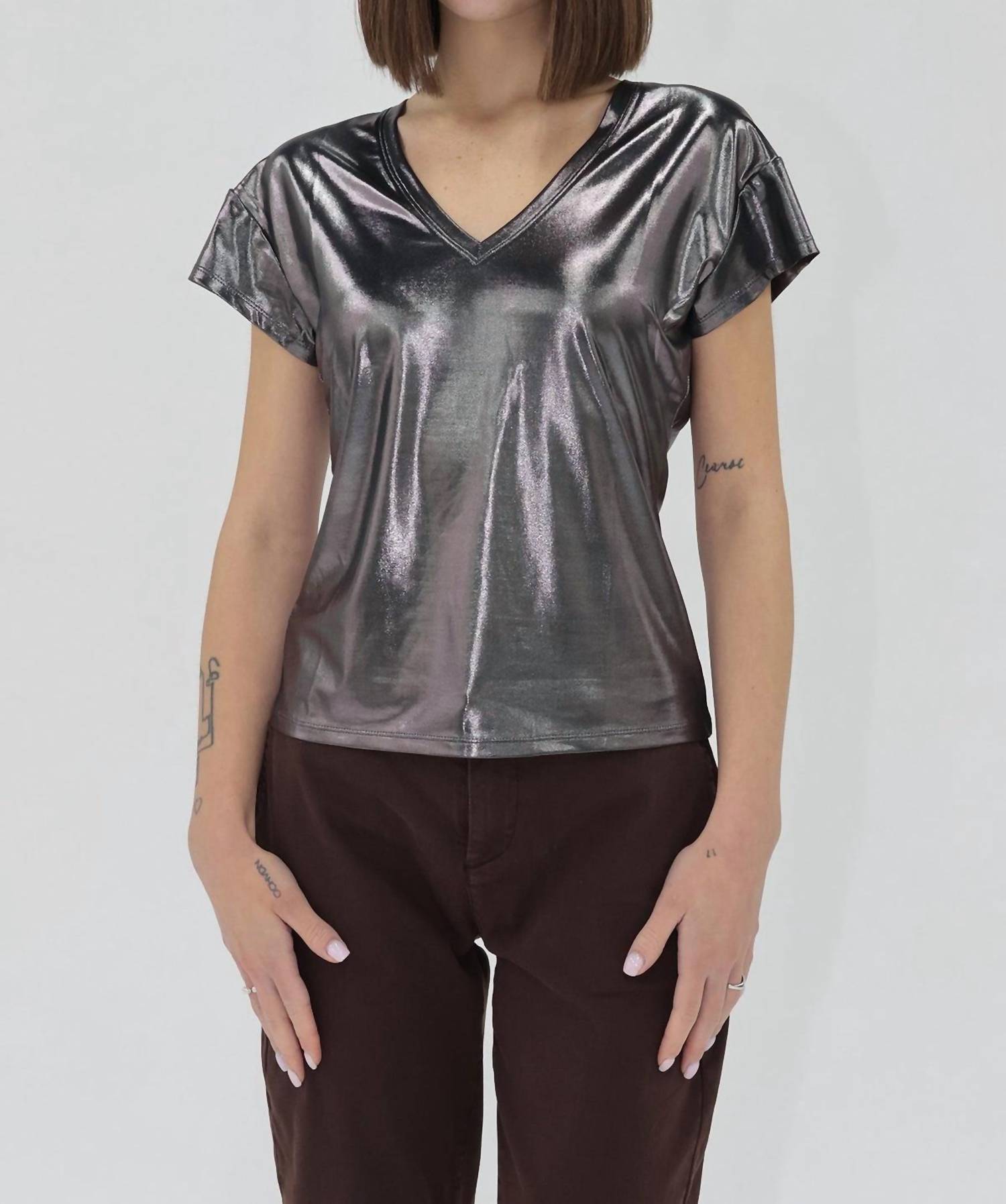 Another Love Lumi Knit Top in metallic black - women's t-shirt