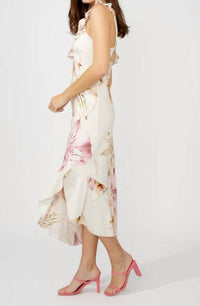Frank Lyman Floral Wrap Midi Dress in peach pink - women's dress - detail view