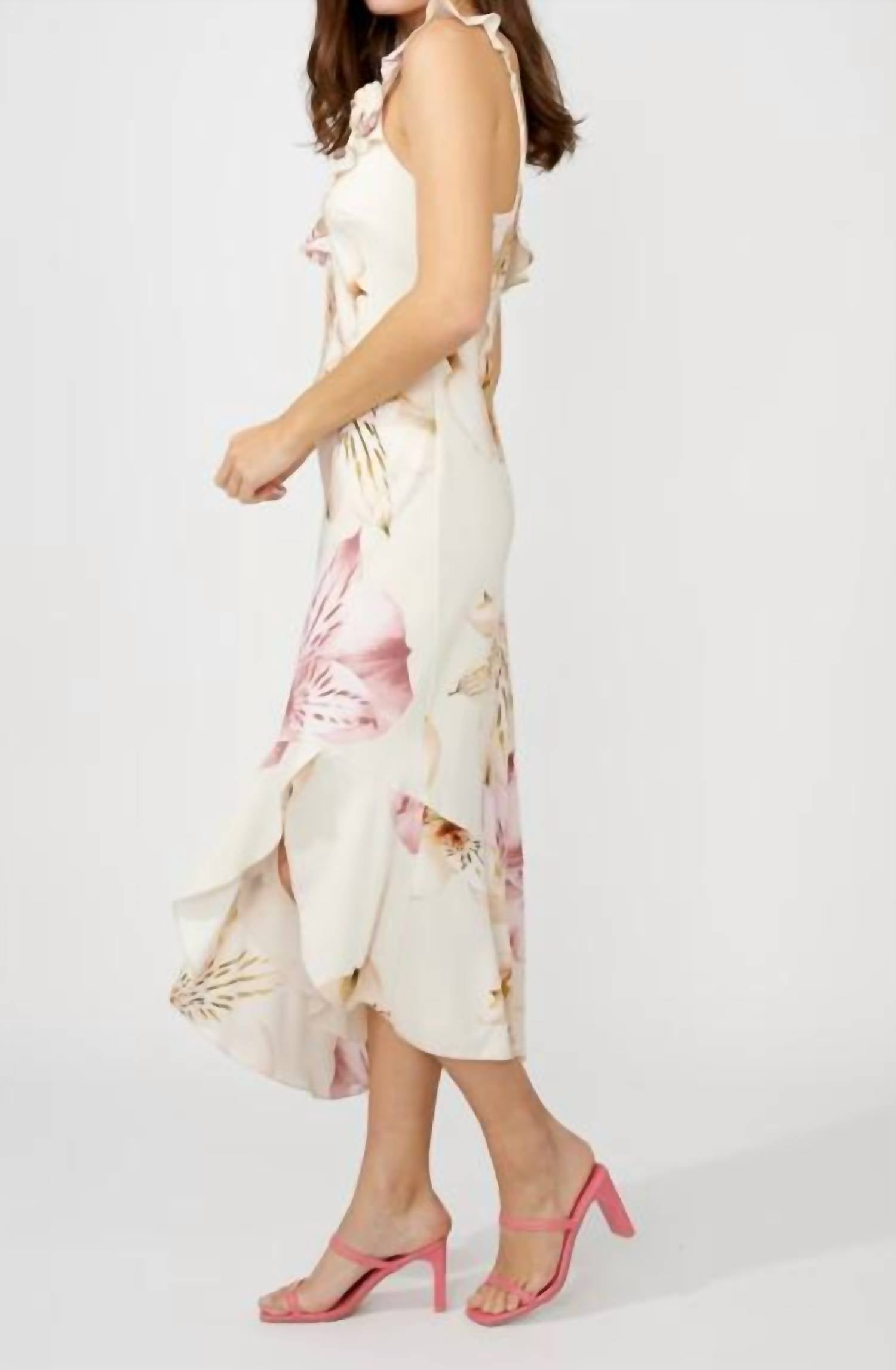 Frank Lyman Floral Wrap Midi Dress in peach pink - women's dress - detail view
