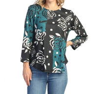 Jess & Jane Rosette Round Neck Top in multi color - women's blouse - detail view