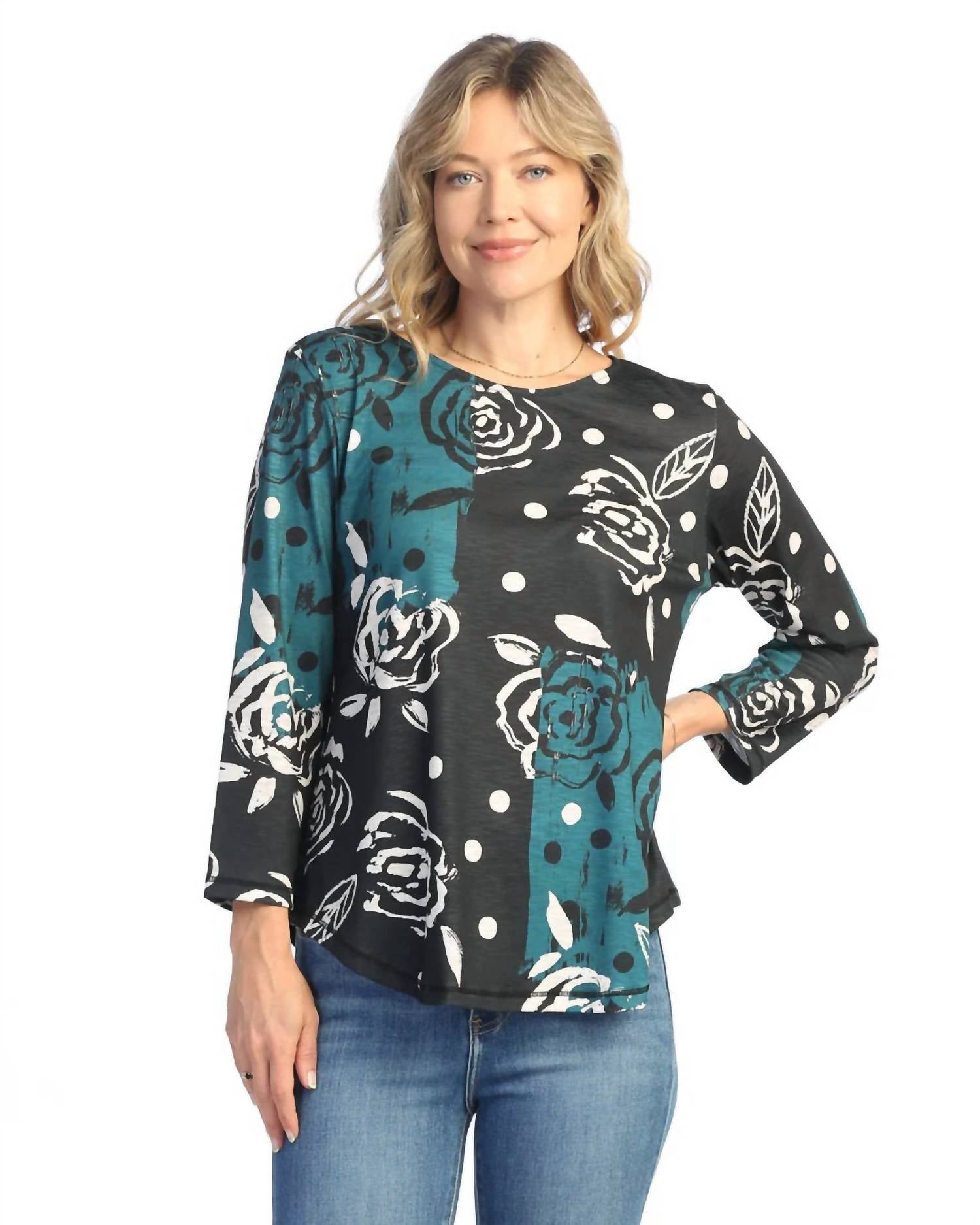 Jess & Jane Rosette Round Neck Top in multi color - women's blouse - alternate view