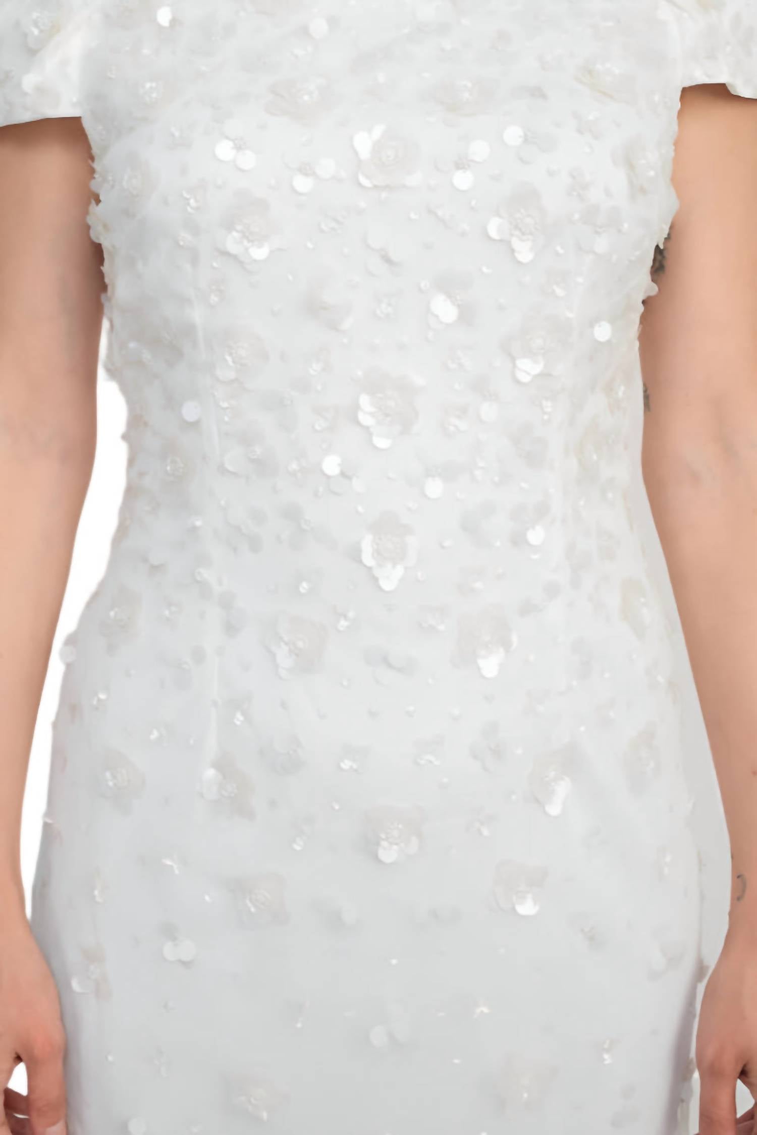 Adrianna Papell - Off-shoulder Sequined Beaded Column Mesh Gown