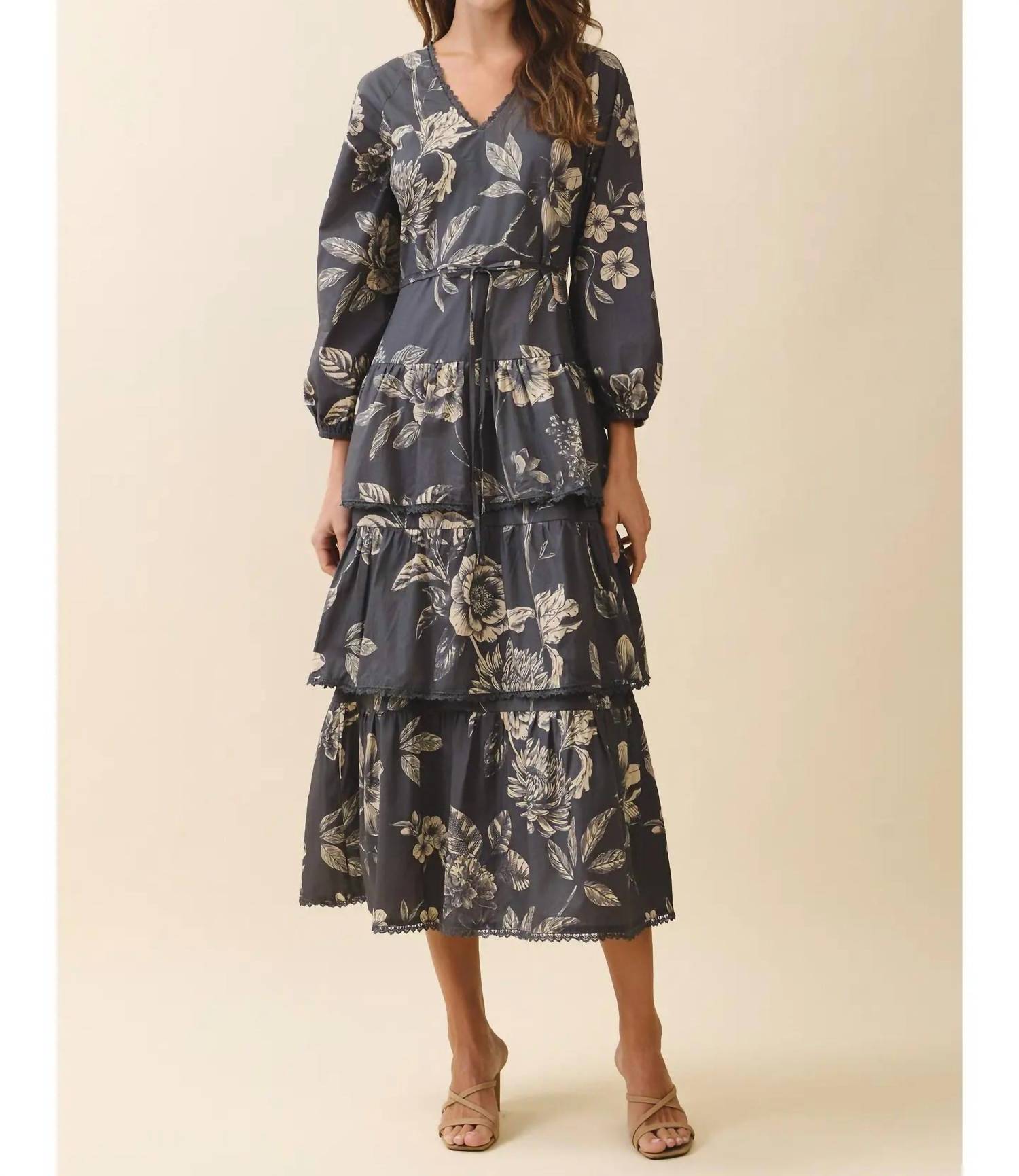 TCEC Floral Midi Dress in charcoal - women's dress