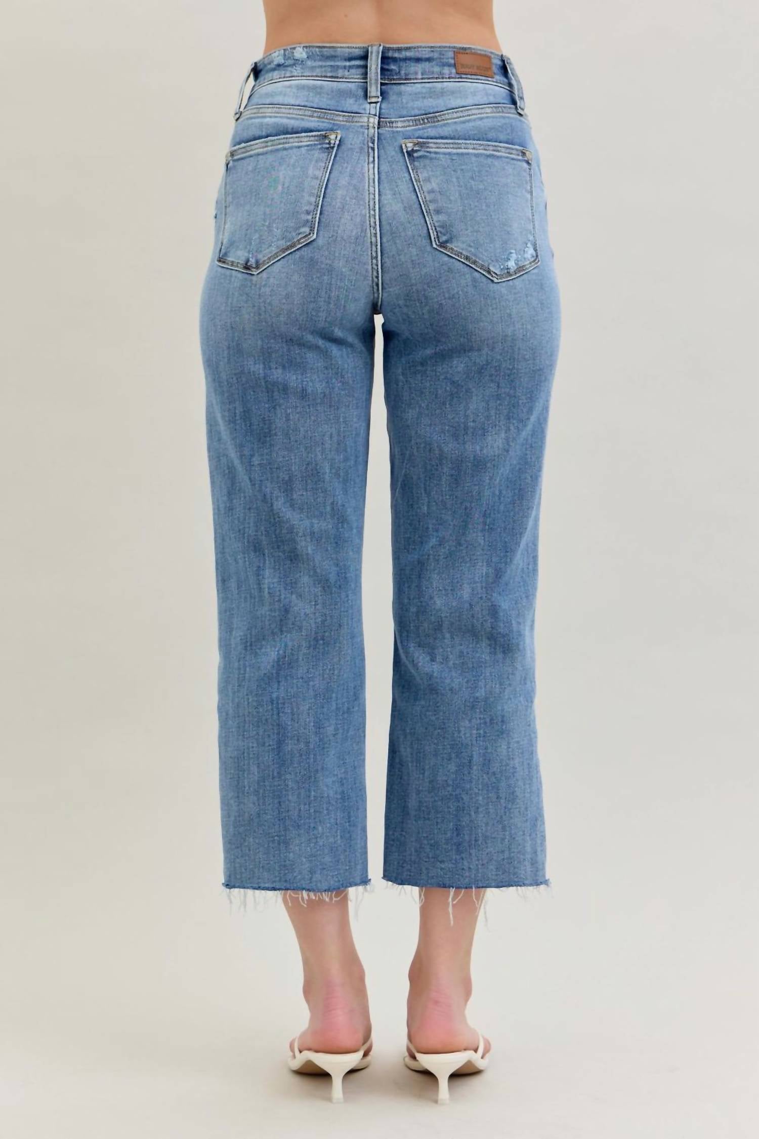 Judy Blue High Waist Destroy Wide Leg Crop Denim Jeans in light blue - women's jeans - detail view