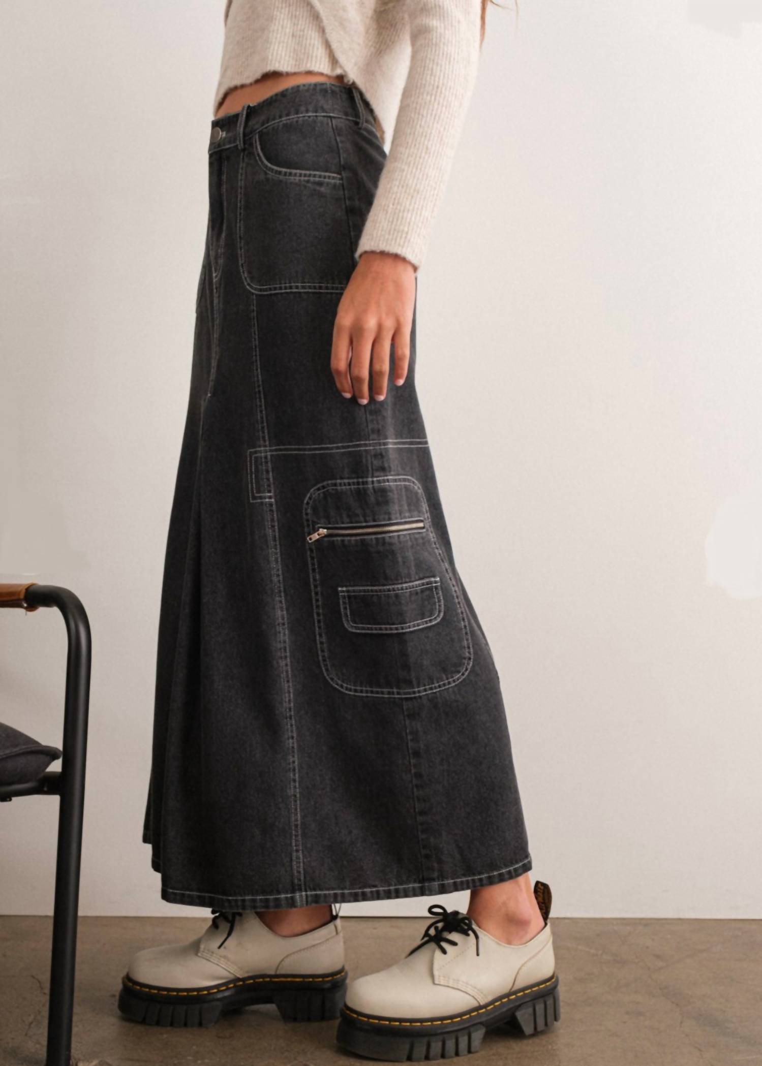 Papermoon - Denim Cargo Contrast Stitch Maxi Skirt