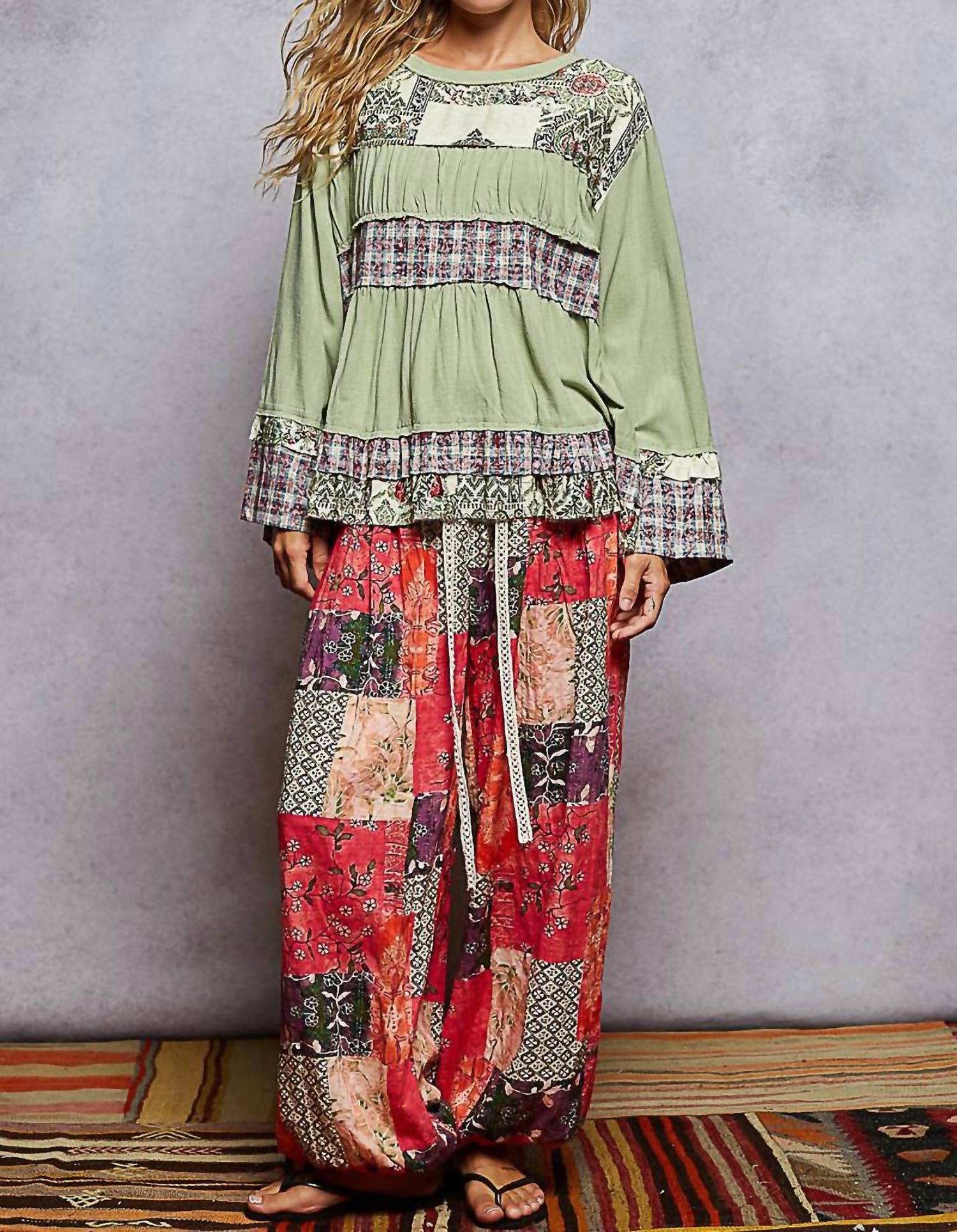 POL Relaxed Fit Print Plaid Full Sleeve Top in mint green - women's blouse - view 5