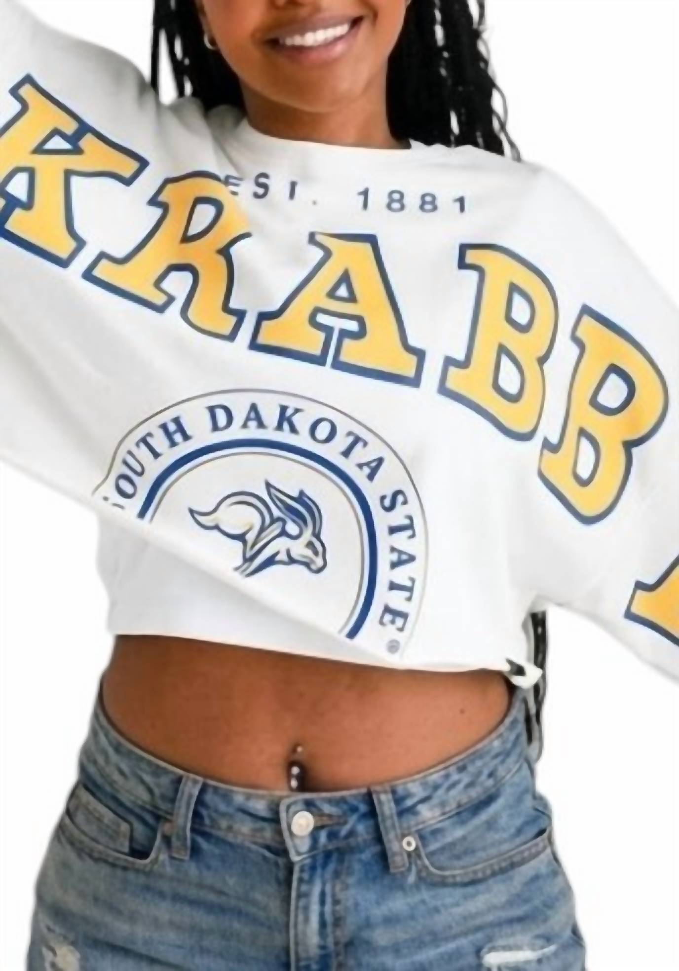 Gameday Social Split Cropped Long Sleeve Crewneck Top in white 1 - women's shirt - detail view