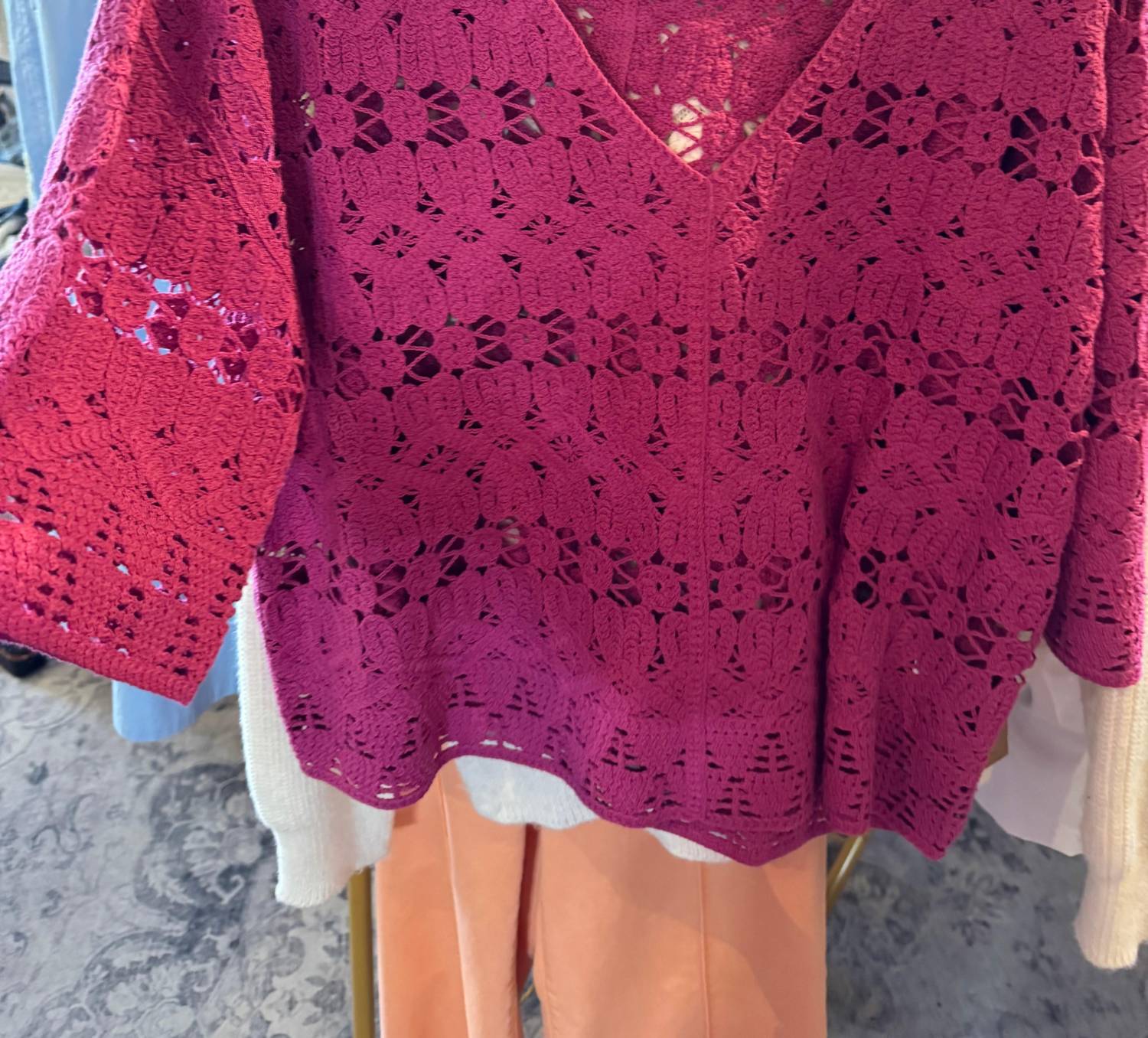 TRU LUXE Crochet Popover Top in magenta - women's sweater - alternate view