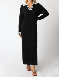 OLIVACEOUS Collared Sweater Maxi Dress in black ivory - women's dress - detail view
