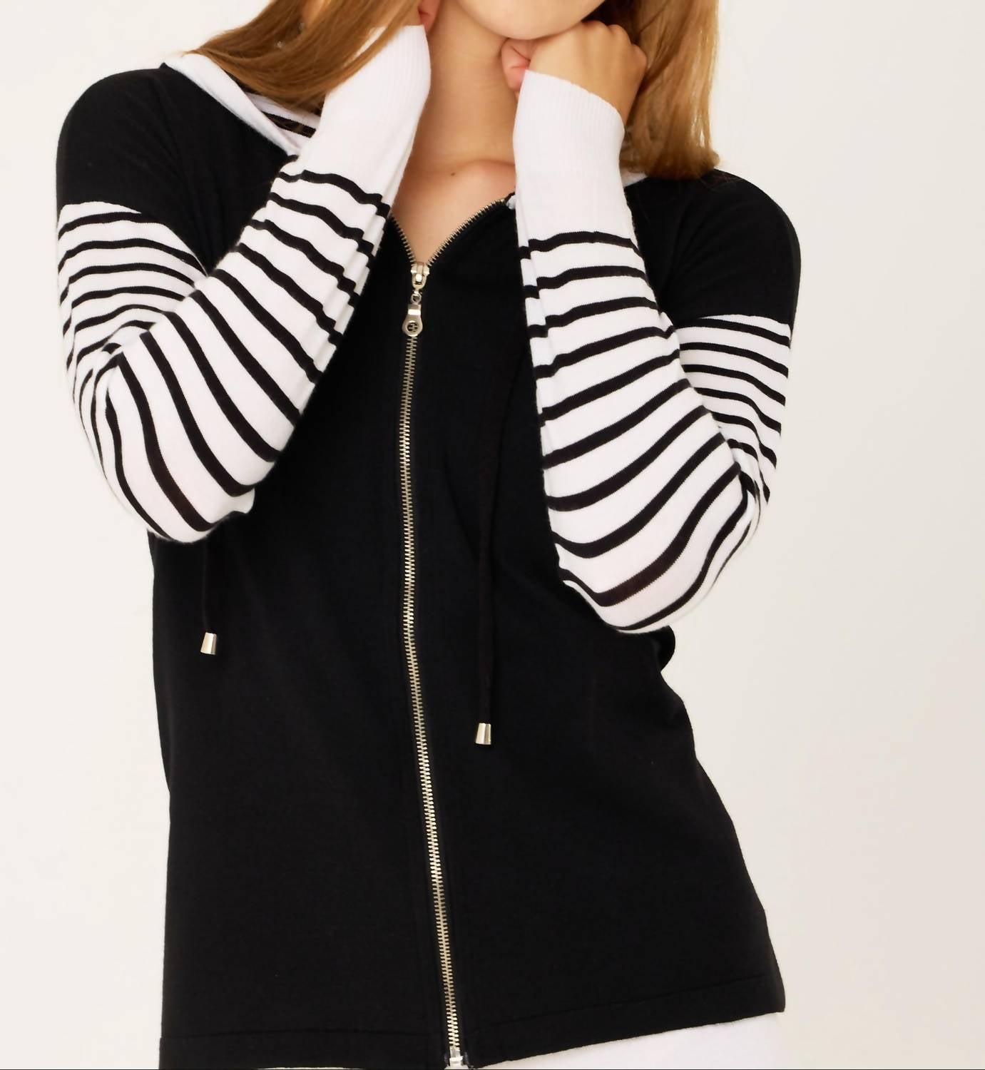 French Kyss - Stripe Sleeve Zip Up Hoodie