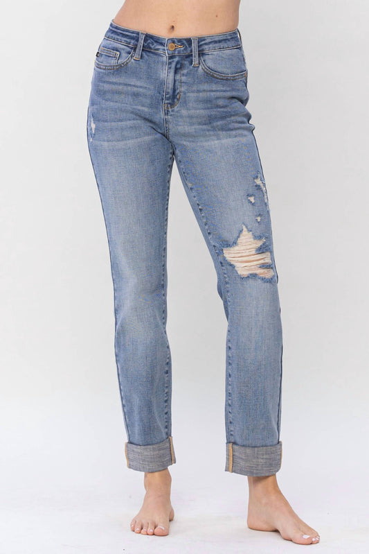 Judy Blue - Mid Rise Distressed Boyfriend Jeans