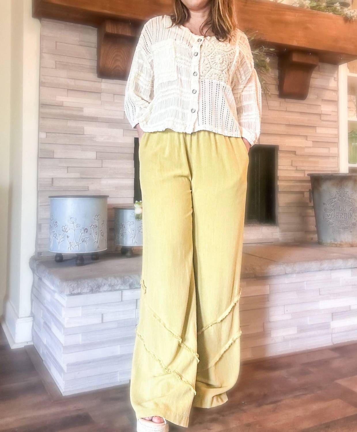 Easel - Crepe Ruffle Trim Palazzo Pants