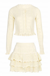 Mable - Sunrise Bow Pointelle Cardigan And Skirt Set